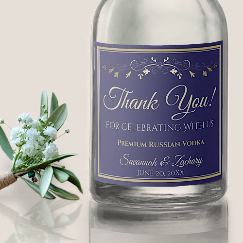 Gold  Navy Blue Wedding Thank You Liquor Bottle Label