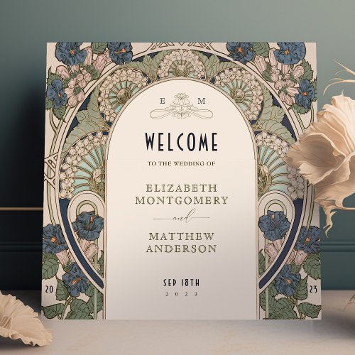 Gold Navy Blue Welcome Sign Wedding Art Nouveau