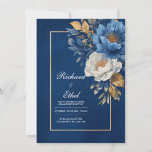 Gold Navy Blue White Peony Floral Wedding Invitation