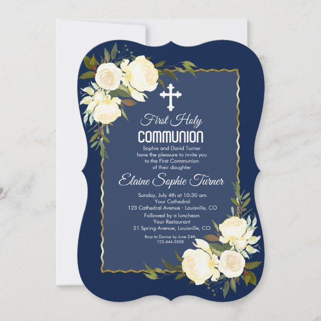 Gold Navy Blue White Roses First Holy Communion Invitation (Front)