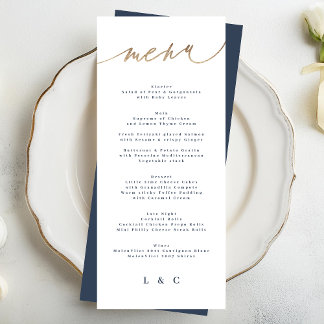Gold Navy Blue White Simple Classic Wedding Menu