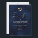 Gold Navy Blue White Watercolor Bar Mitzvah Thank You Card<br><div class="desc">This modern and artsy-themed Bar Mitzvah thank you card is the perfect choice for your son for his special day. It features a hand-painted navy blue background. On the top of the invite is a faux printed gold star of David and custom typography. It's a unique, cool, and trendy design...</div>