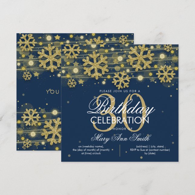 Gold Navy Blue Winter Glitter Glam 30th Birthday Invitation (Front/Back)