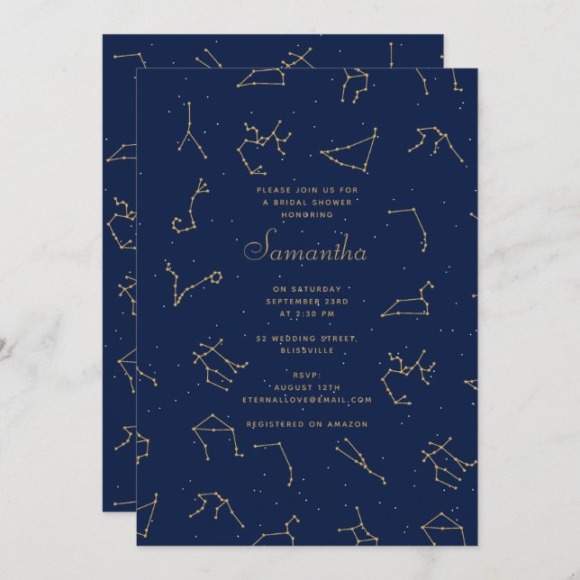 Gold Navy Blue Zodiac Constellations Bridal Shower Invitation (Front/Back)