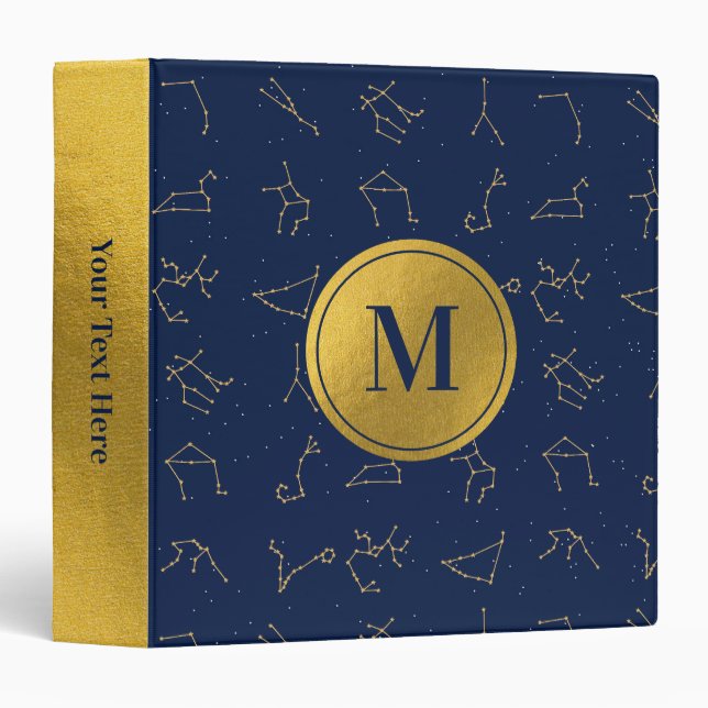 Gold & Navy Blue Zodiac Constellations Monogram 3 Ring Binder (Front/Spine)