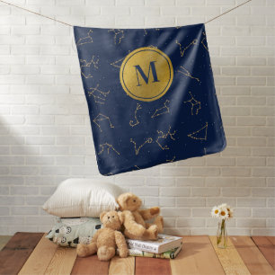 Gold & Navy Blue Zodiac Constellations Monogram Baby Blanket