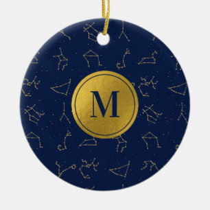 Gold & Navy Blue Zodiac Constellations Monogram Ceramic Ornament