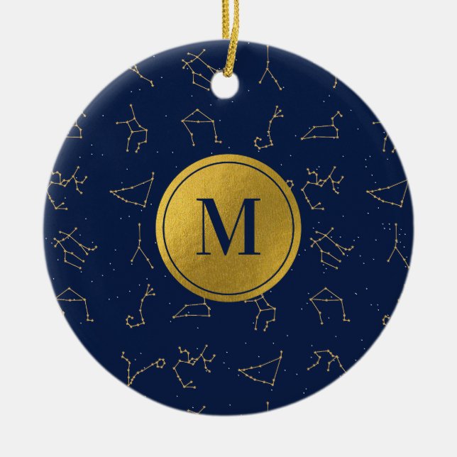 Gold & Navy Blue Zodiac Constellations Monogram Ceramic Ornament (Front)