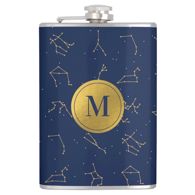 Gold & Navy Blue Zodiac Constellations Monogram Flask (Front)