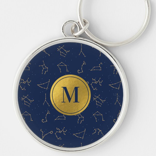 Gold & Navy Blue Zodiac Constellations Monogram Keychain (Front)