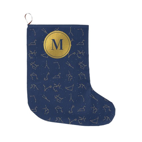 Gold  Navy Blue Zodiac Constellations Monogram Large Christmas Stocking