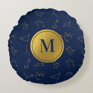 Gold & Navy Blue Zodiac Constellations Monogram Round Pillow