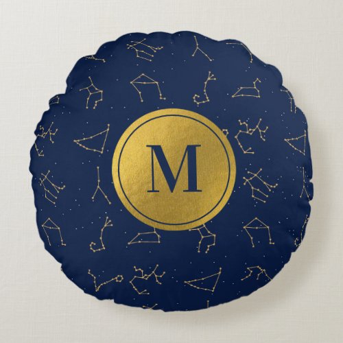 Gold  Navy Blue Zodiac Constellations Monogram Round Pillow