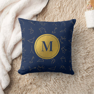 Gold & Navy Blue Zodiac Constellations Monogram Throw Pillow