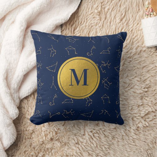 Gold  Navy Blue Zodiac Constellations Monogram Throw Pillow