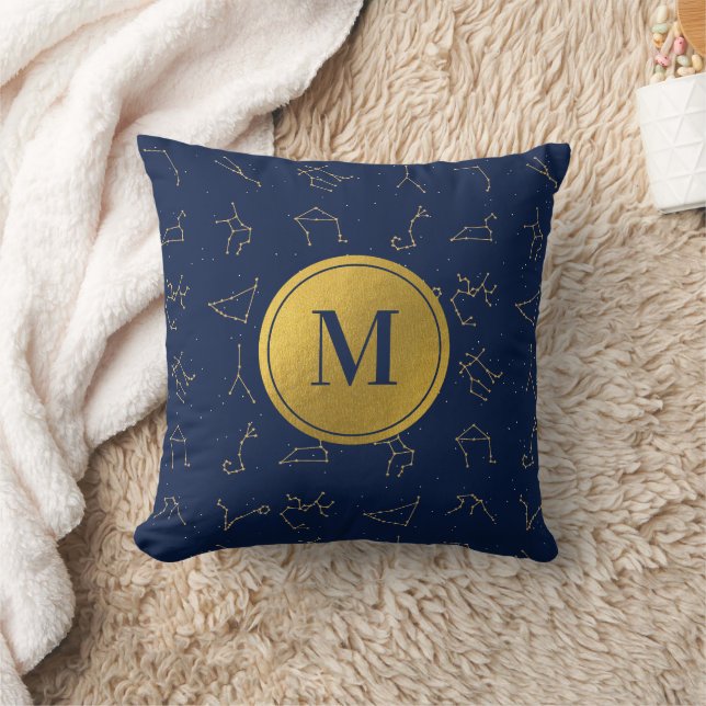 Gold & Navy Blue Zodiac Constellations Monogram Throw Pillow (Blanket)