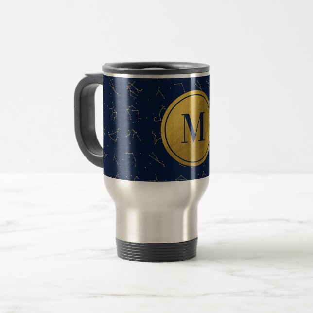 Gold & Navy Blue Zodiac Constellations Monogram Travel Mug (Front Left)