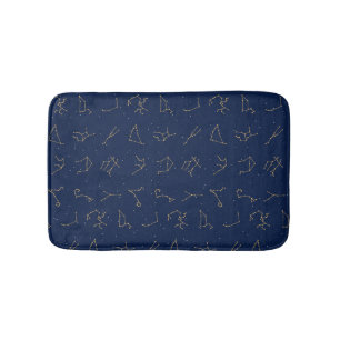 Gold & Navy Blue Zodiac Constellations Pattern Bath Mat