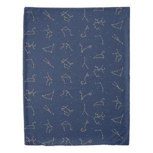 Gold & Navy Blue Zodiac Constellations Pattern Duvet Cover