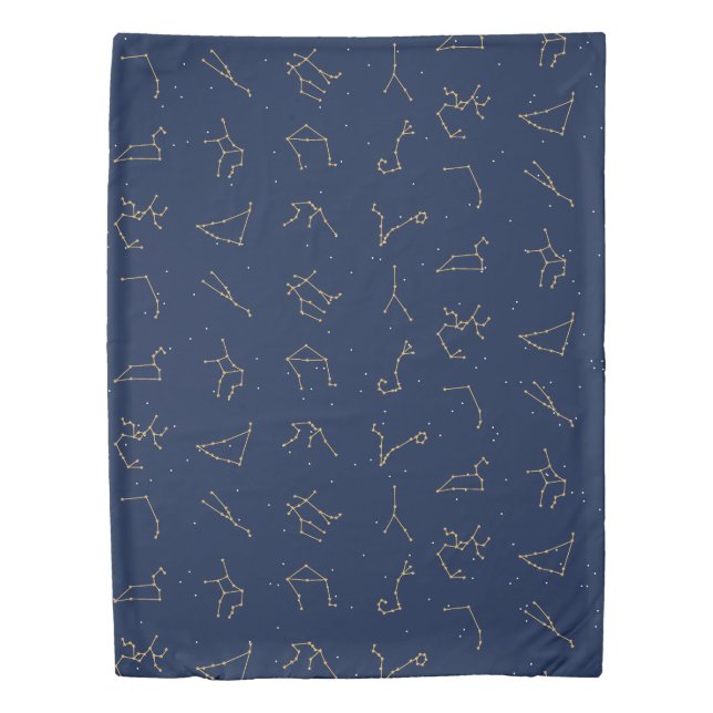 Gold & Navy Blue Zodiac Constellations Pattern Duvet Cover (Front)