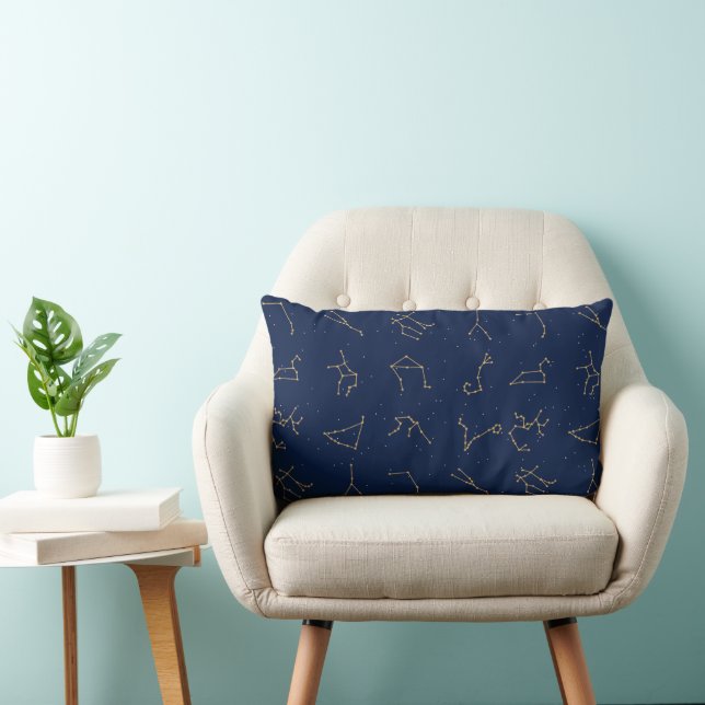 Gold & Navy Blue Zodiac Constellations Pattern Lumbar Pillow (Chair)