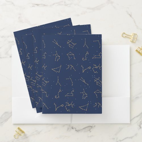 Gold  Navy Blue Zodiac Constellations Pattern Pocket Folder