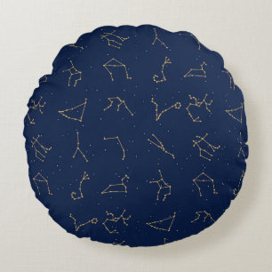 Gold & Navy Blue Zodiac Constellations Pattern Round Pillow