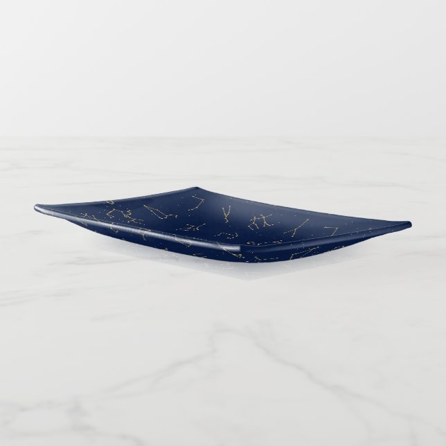 Gold & Navy Blue Zodiac Constellations Pattern Trinket Tray (Angled)