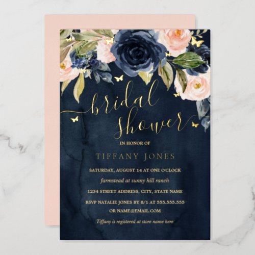 Gold Navy Blush Butterfly Floral Bridal Shower  Foil Invitation