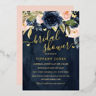 Gold Navy Blush Butterfly Floral Bridal Shower Foil Invitation