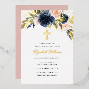 Gold Navy Blush Floral Girl Baptism Foil Invitation