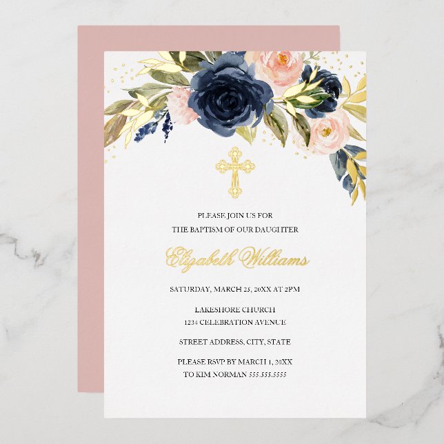 Gold Navy Blush Floral Girl Baptism Foil Invitation (Front/Back)