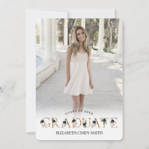 Gold Navy Blush Floral Letter Graduation Photo Invitation
