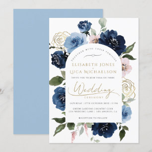 Gold Navy Blush Florals Botanical Blue Wedding  Invitation