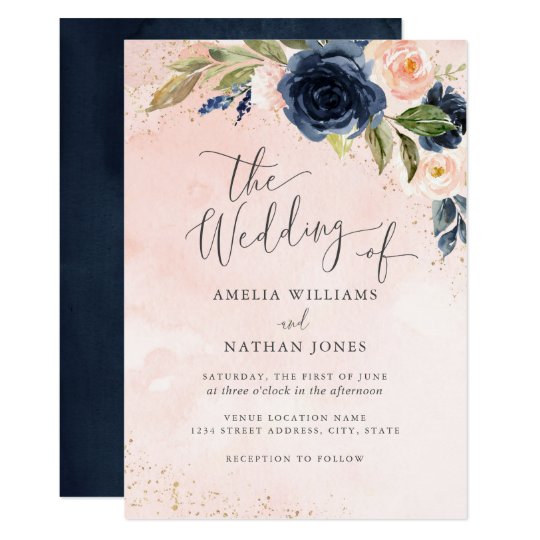 Gold Navy Blush Sparkle Floral Watercolor Wedding Invitation | Zazzle.com