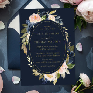 Gold Navy Blush Wedding Floral Foliage Foil Invitation