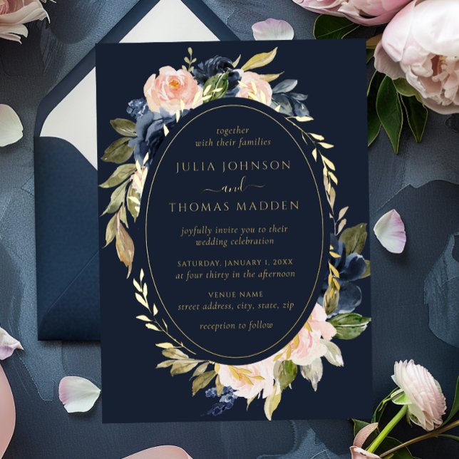 Gold Navy Blush Wedding Floral Foliage  Foil Invitation (Creator Uploaded)