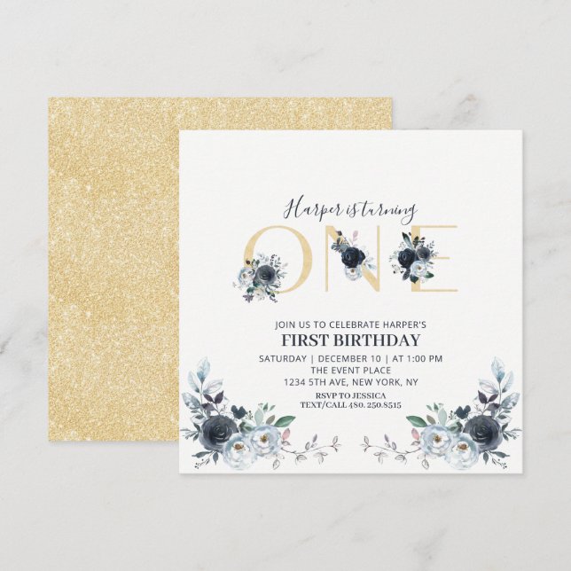 Gold & Navy Boho Floral 1st Birthday Square Invitation (Front/Back)
