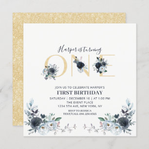 Gold & Navy Boho Floral 1st Birthday Square Invitation