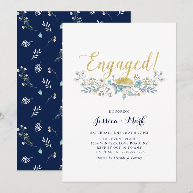 Gold & Navy | Boho Floral Engagement Party Invitat Invitation (Front/Back)