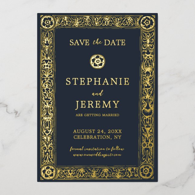 Gold Navy Botanical Floral Save the Date   Foil Invitation (Front)