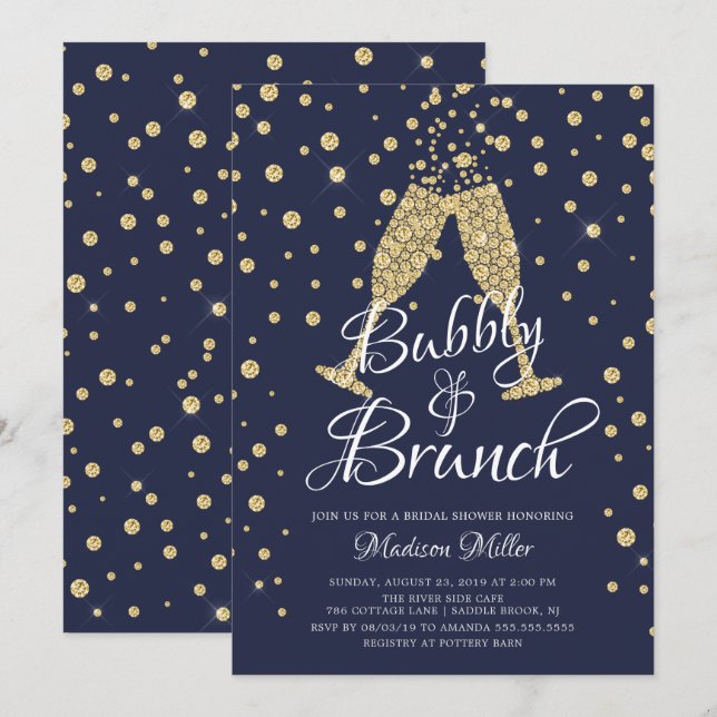 Gold & Navy Bubbly & Brunch Bridal Shower Invitation (Front/Back)