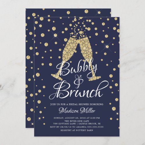 Gold  Navy Bubbly  Brunch Bridal Shower Invitation