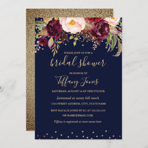 Gold Navy Burgundy Confetti Floral Bridal Shower Invitation