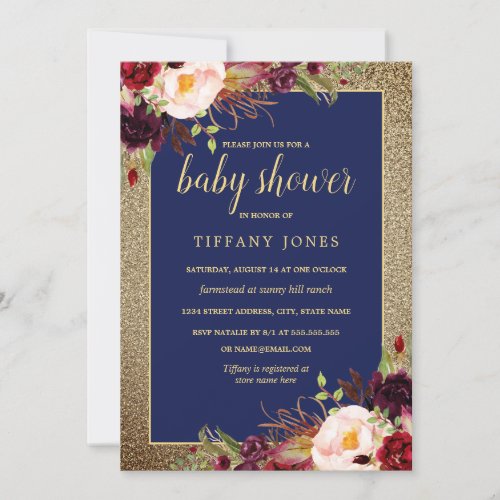 Gold Navy Burgundy Floral Baby Shower Invite