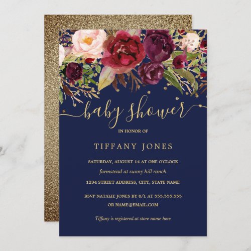 Gold Navy Burgundy Floral Watercolor Baby Shower Invitation