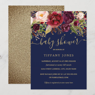 Gold Navy Burgundy Floral Watercolor Baby Shower Invitation