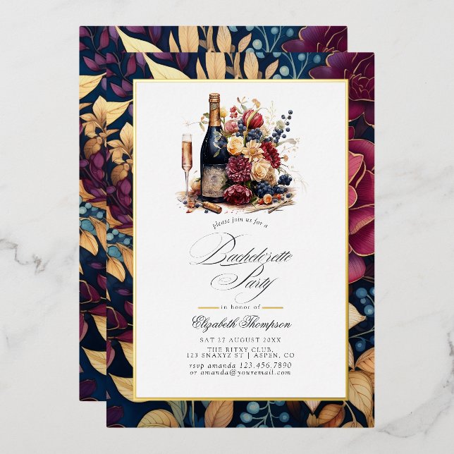 Gold, Navy & Burgundy Wine Tasting Bachelorette Foil Invitation (Front/Back)