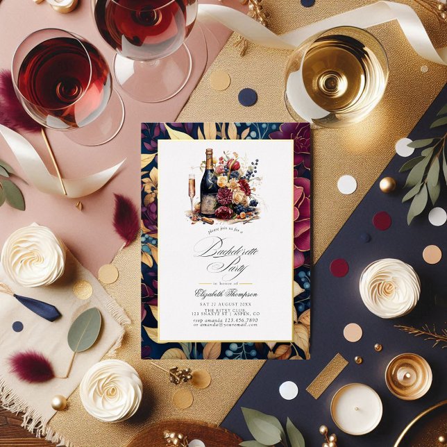 Gold, Navy & Burgundy Wine Tasting Bachelorette Foil Invitation (Gold, Navy and Burgundy Wine Tasting Bachelorette Foil Invitation)