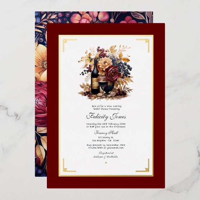 Gold, Navy & Burgundy Wine Tasting Bridal Shower Foil Invitation (Front/Back)